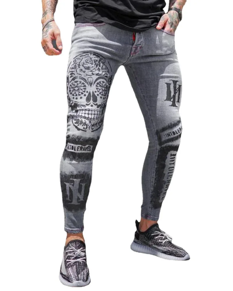 Pantalones vaqueros elásticos a la moda para hombre, pantalones informales, pantalones vaqueros grises ajustados con estampado, pantalones vaqueros estampados a la moda para hombre, pantalones pitillo para hombre