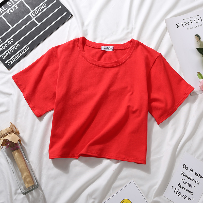 女性用半袖コットンTシャツ,ラウンドネックTシャツ,ハイウエストTシャツ,女性用カジュアルTシャツ,単色Tシャツ,ルーズフィットTシャツ,夏