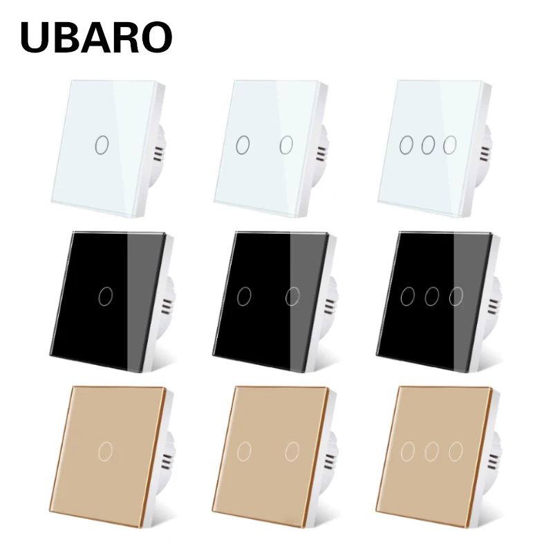 Ubaro ue/reino unido padrão cristal vidro temperado painel de parede luz interruptor toque led indicador sensor botão elétrico 1/2/3gang 220v