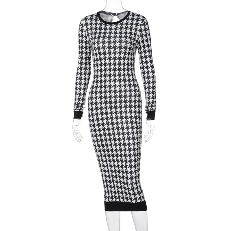 Houndstooth Print Damska sukienka midi z długim rękawem Hollow Out Bodycon Sexy Streetwear 2022, jesienno-zimowa, klubowa, elegancka, szczupła