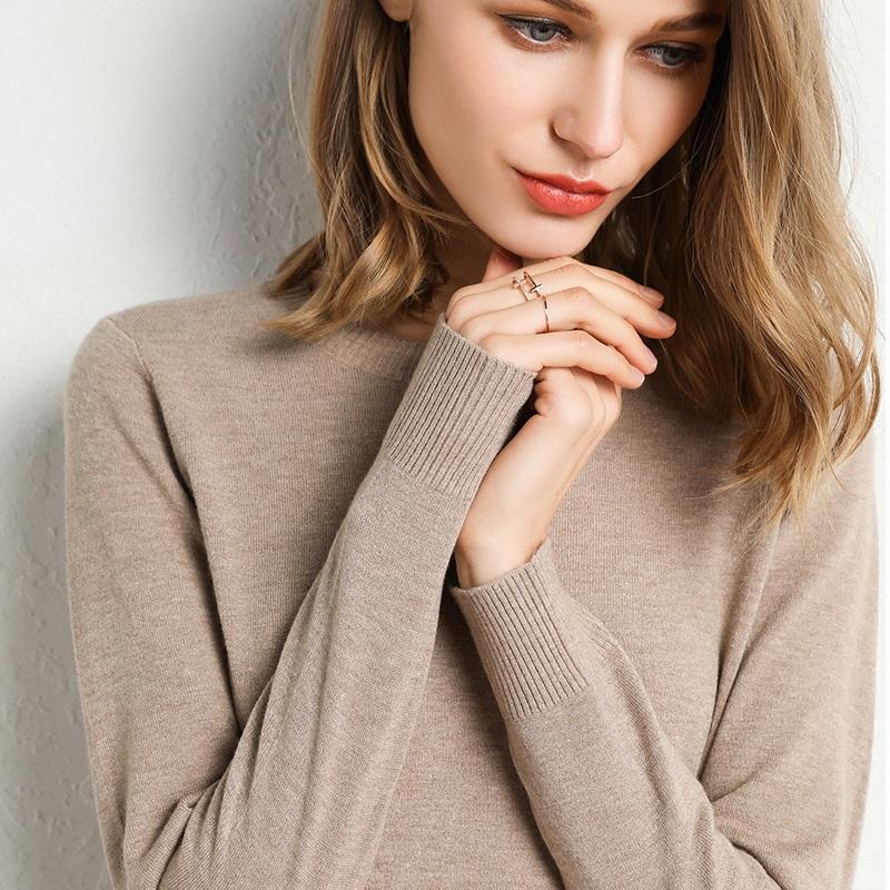 Frauen Merino Wolle Pullover Oansatz Pullover Frühling Herbst Langarm Strickwaren Schlank Einfarbig Mode Bodenbildung Kleidung Tops
