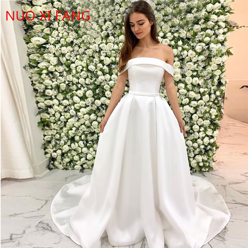 Nuoxifang eightale vestido de casamento de cetim sem alças fora do ombro uma linha branco simples vestidos de casamento robe mariage 2022