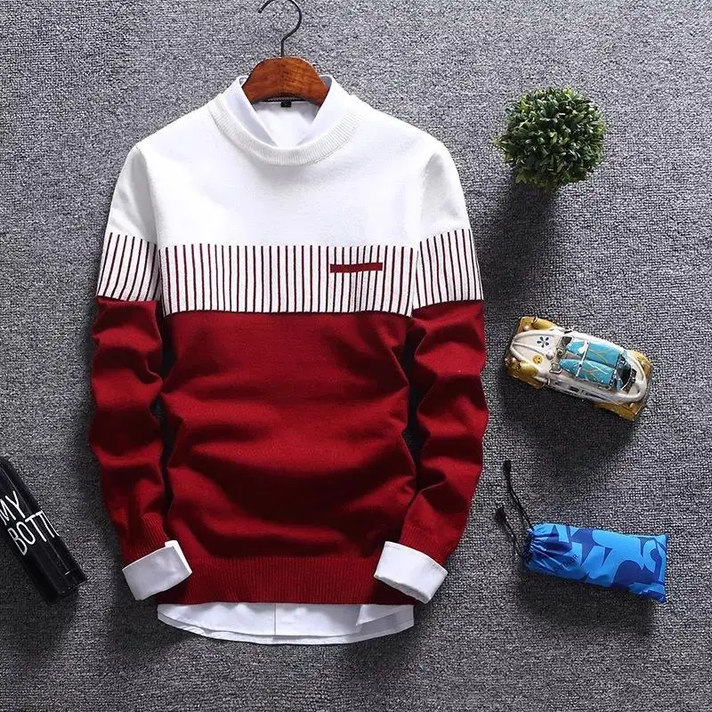 เสื้อสวมหัวสำหรับฤดูใบไม้ร่วงใหม่เสื้อสเวตเตอร์ถักแบบลำลองลายทางผู้ชายแฟชั่นเสื้อถักคอกลมทรงสลิมฟิต2023