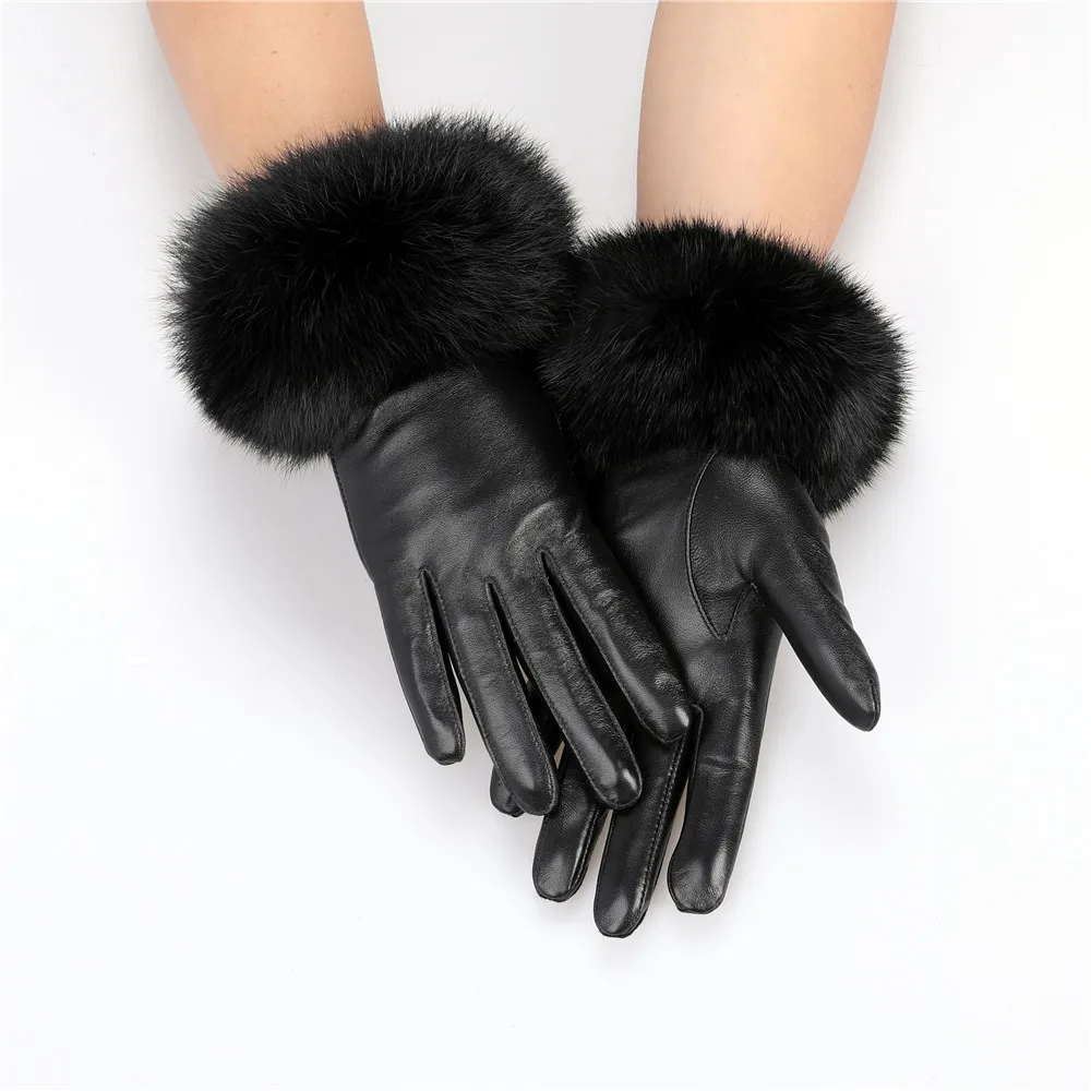 ใหม่มาถึงขายส่งผู้หญิงหนังSheepskinจริงถุงมือกระต่ายขนสัตว์Cuffsหญิงขี่จักรยานถุงมืออุ่นขนแกะซับ