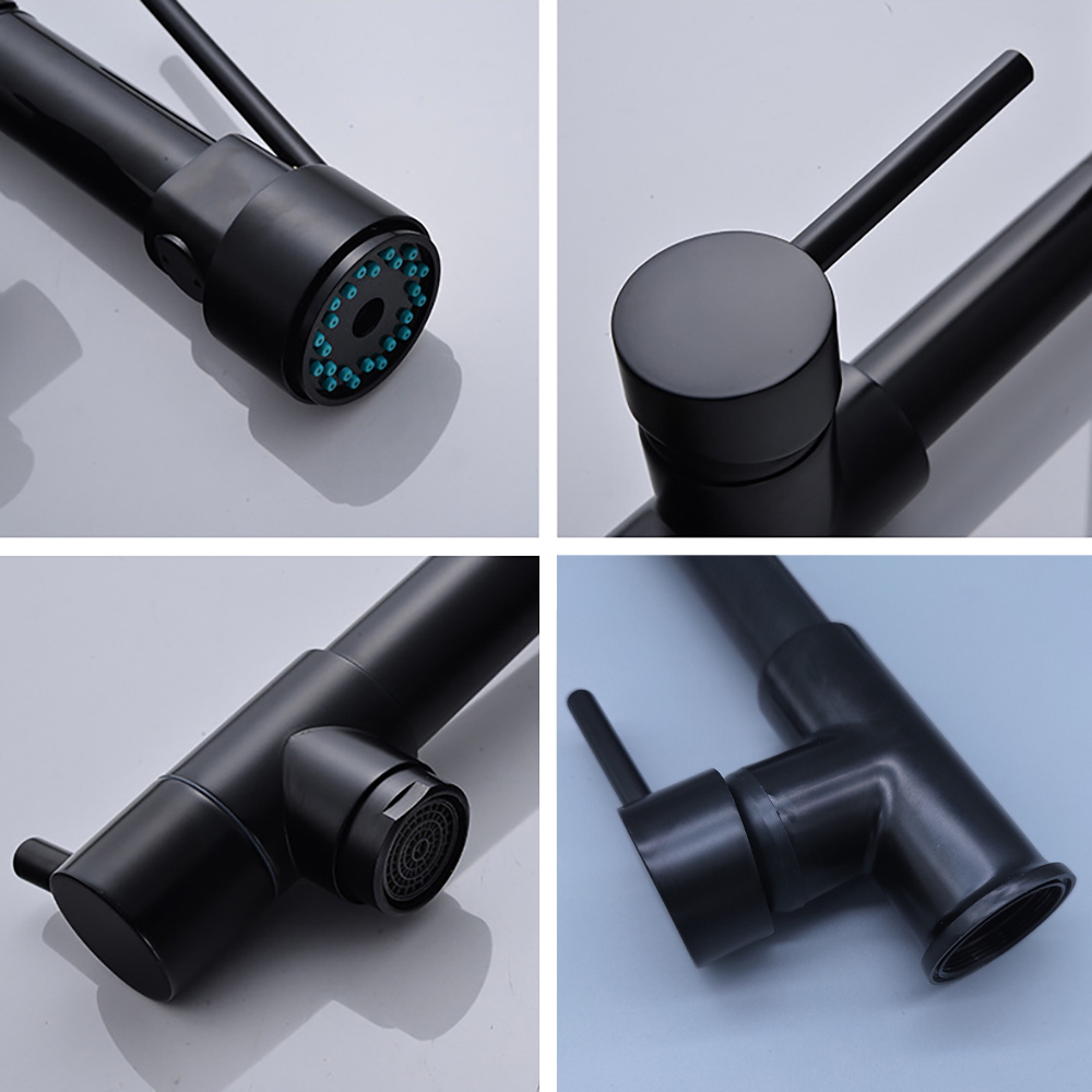 DQOK Черный матовый пружинный выдвижной смеситель для кухонной мойки Смеситель для горячей и холодной воды Кран с двойным носиком, монтируемый на палубе