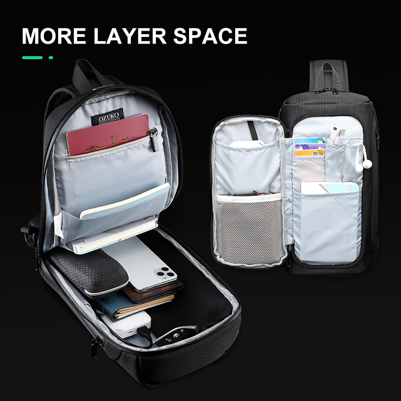 OZUKO-Bolso de pecho multifunción antirrobo para hombre, bandolera cruzada impermeable con carga USB, para exteriores