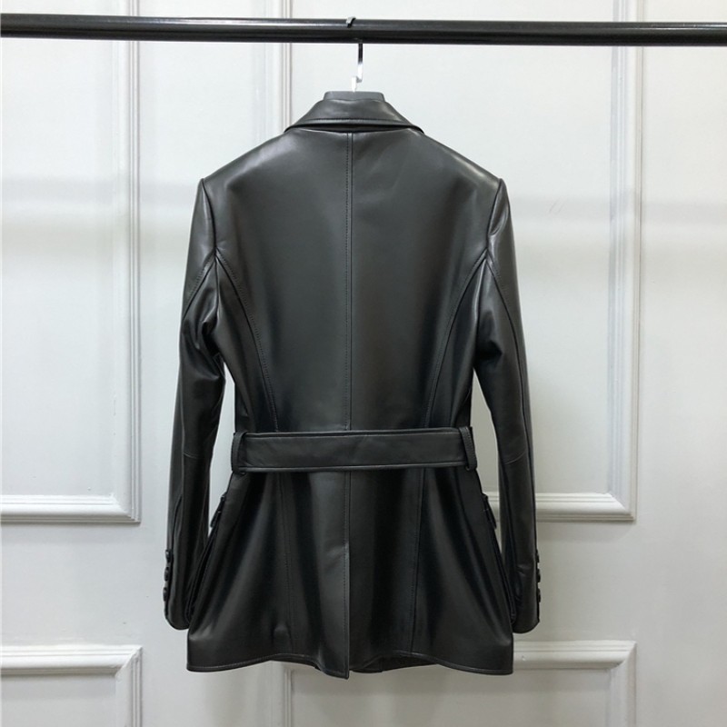 100% ของแท้หนังแจ็คเก็ตหญิง Punk สั้น Biker Pocket Slim Fit Sashes Windbreakers สํานักงานคลาสสิก Sheepskin Jacket