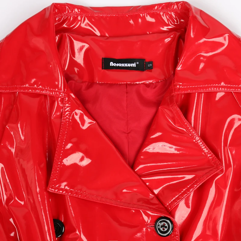 Nerazzurri Herbst Lange Rot Wasserdicht Glänzende Reflektierende Patent Leder Graben Mantel für Frauen Zweireiher Plus Größe Mode