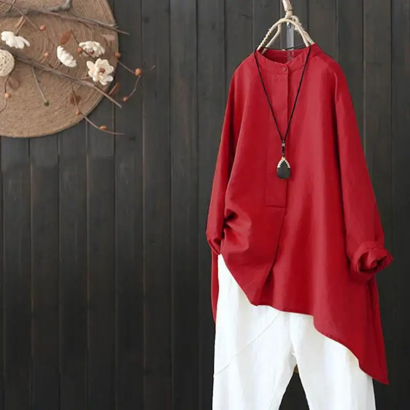 Blusas y Tops de manga larga para mujer, camisa informal de lino y algodón de Color sólido, dobladillo Irregular, cómoda, talla grande