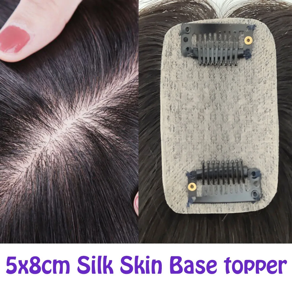 5X8CM Lụa Căn Cứ Trinh Nữ Tóc Mini Topper Nữ Toupee Với 2 Kẹp Tự Nhiên Da Đầu Da Một Phần Đầu Để Che Giấu balo Hoặc Tóc Trắng