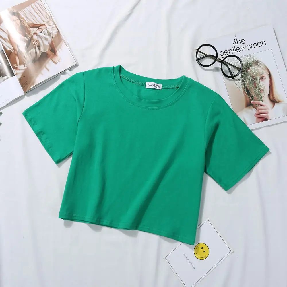 女性用半袖コットンTシャツ,ラウンドネックTシャツ,ハイウエストTシャツ,女性用カジュアルTシャツ,単色Tシャツ,ルーズフィットTシャツ,夏