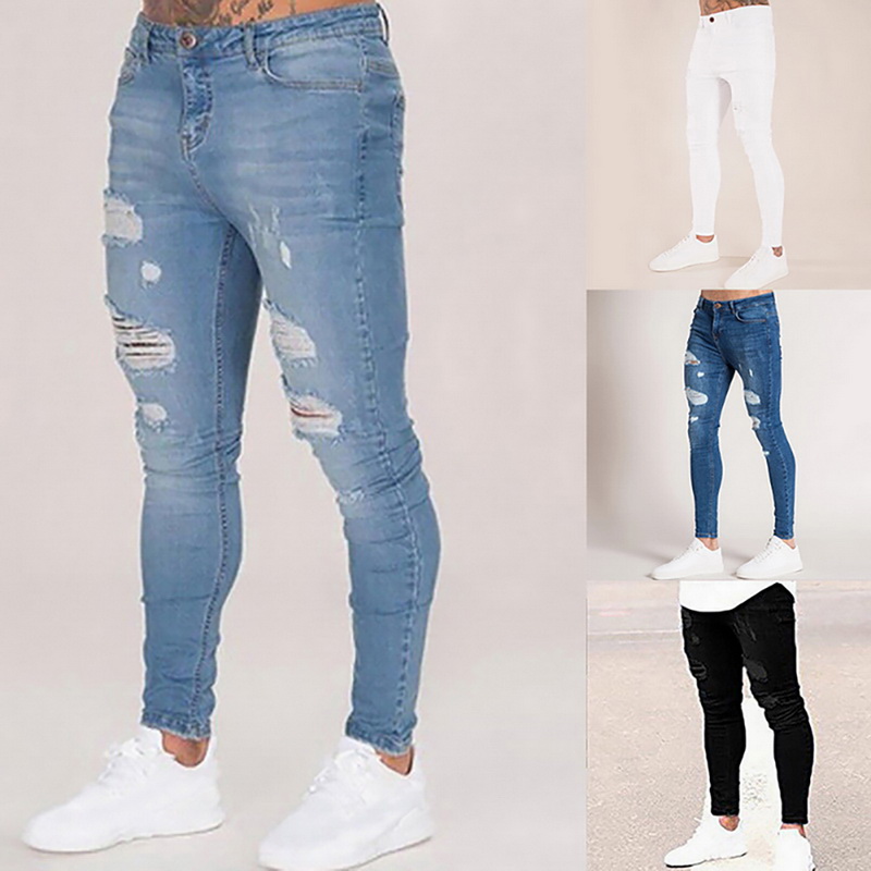 2024 calças lápis elásticas moletom masculino ajuste sólido rasgado denim harem calças casuais preto azul branco destruído calças jeans