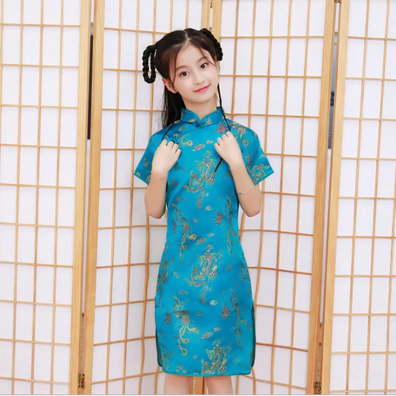 Bé Gái Đáng Yêu Lụa Satin Sườn Xám Dễ Thương Công Chúa Bé Gái Áo Trẻ Em Đảng BẦU ĐẦM Năm Mới Sườn Xám Quần Áo