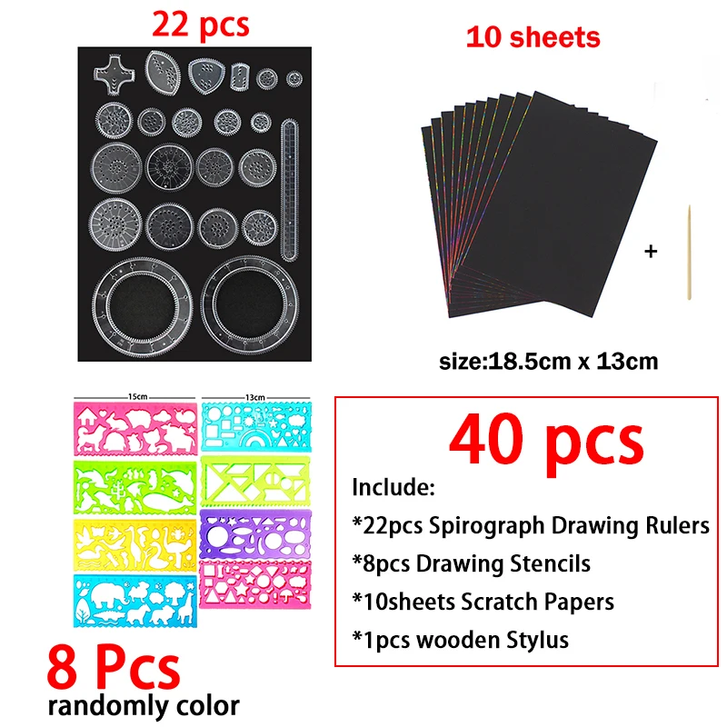40 Chiếc Xước Rainbow Giấy Tờ Cổ Điển Gear Bộ Vẽ Họa Tiết Spirograph Bộ Động Vật Hình Học Tranh Stencils Cai Trị Trẻ Em Nghệ Thuật Carft Đồ Chơi