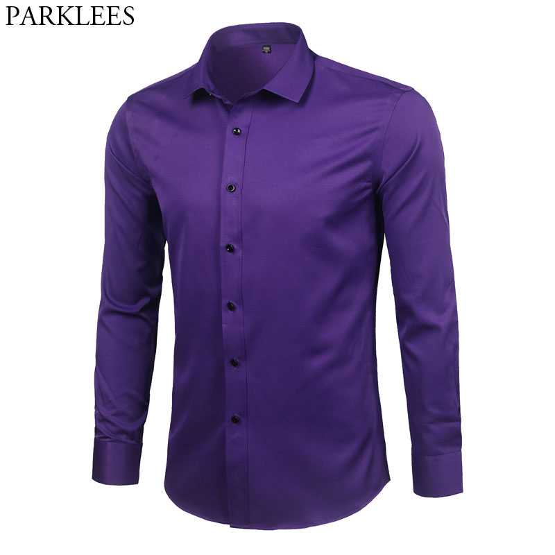 Camisa de vestir de fibra de bambú púrpura para hombre, camisa Formal de manga larga ajustada sin hierro, fácil cuidado, novedad de 2023