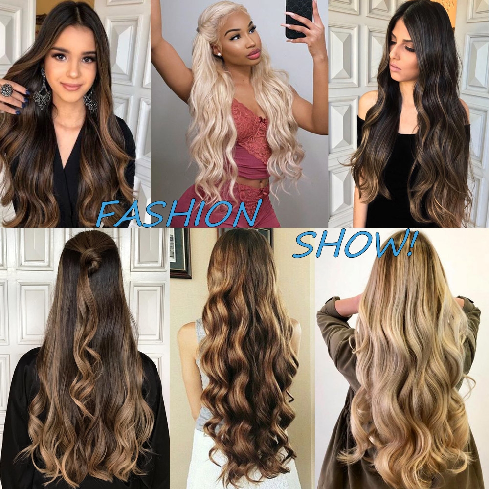 5คลิปยาวคลิปหยักสังเคราะห์ทนความร้อน One ชิ้นปลอมผมสีบลอนด์สีดำสีน้ำตาลสำหรับผู้หญิง