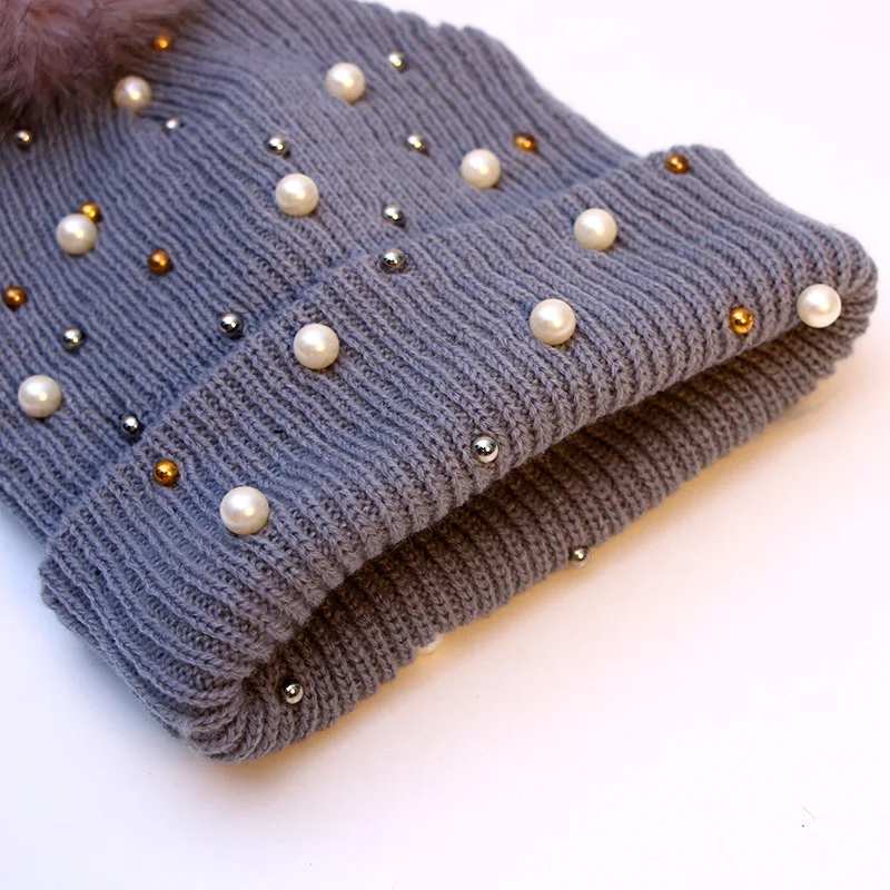 Gorro de lana con bolas de pompón para mujer, gorro de punto con perlas y diamantes de imitación, informal, cálido, para exteriores, invierno, 2021