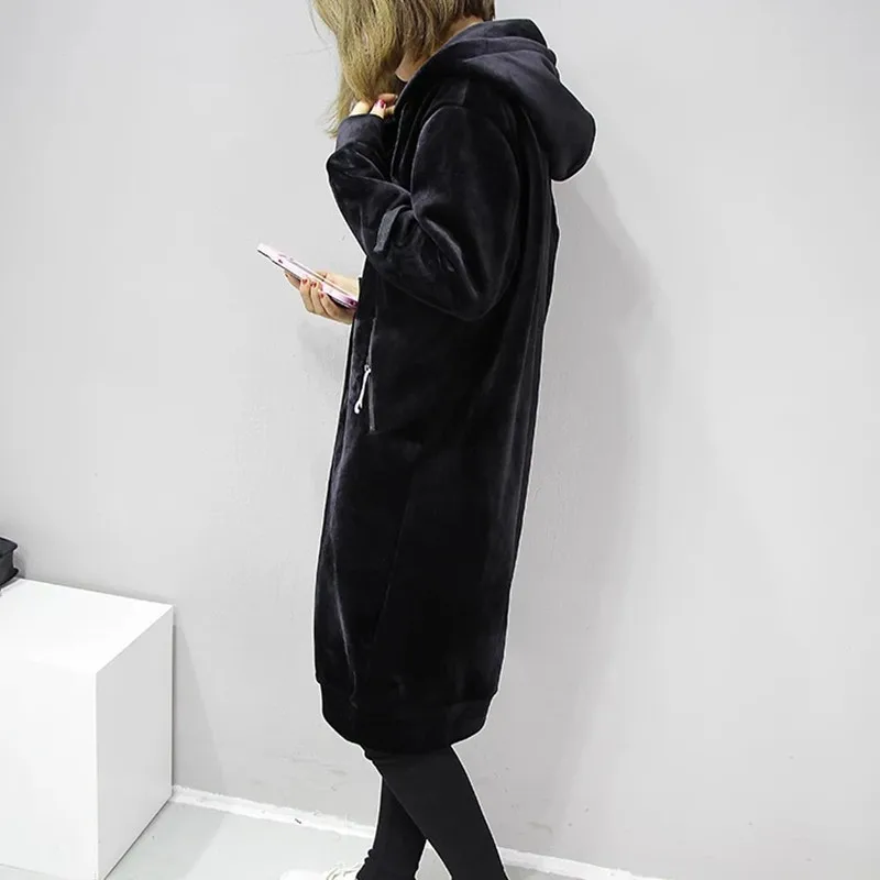 Sudaderas gruesas y cálidas con capucha para mujer, abrigos básicos informales holgados, sudaderas largas de lana negra para mujer, otoño e invierno, 2021