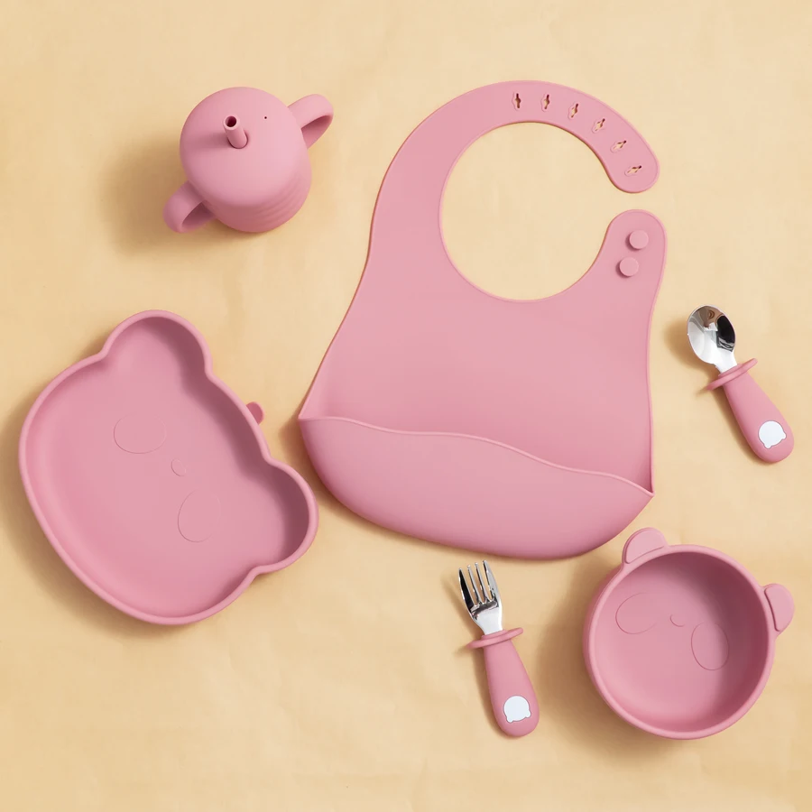 Novo design de alimentação do bebê colher garfo conjunto bpa livre alça silicone dos desenhos animados urso utensílio inoxidável utensílios de mesa das crianças