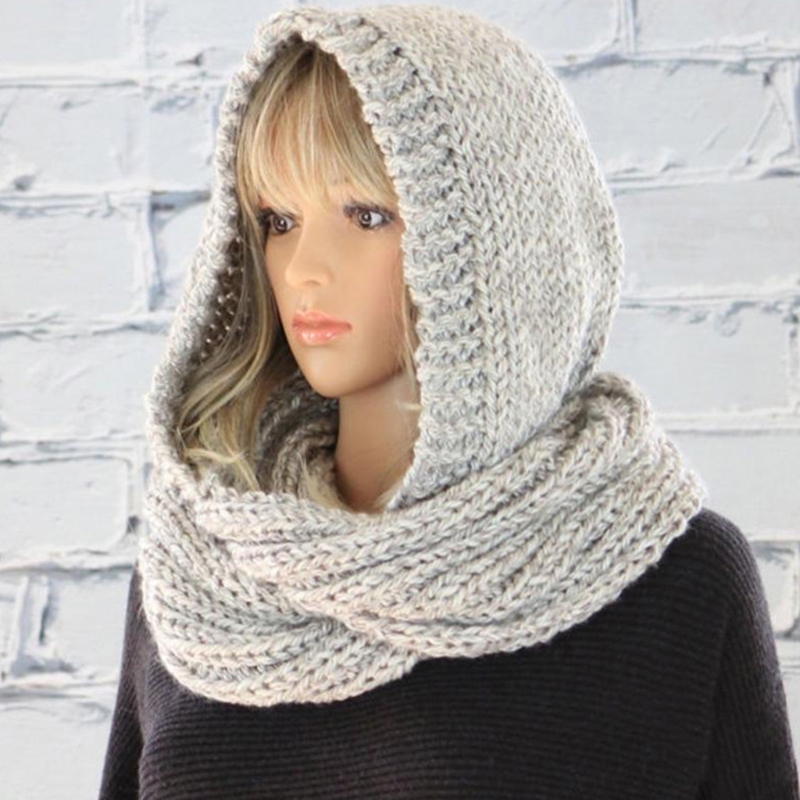 Capucha de punto de ganchillo para mujer, bufanda infinita a prueba de viento para exteriores, chal largo cálido, envoltura de Color sólido, orejera, sombrero, calentador de cuello, Invierno