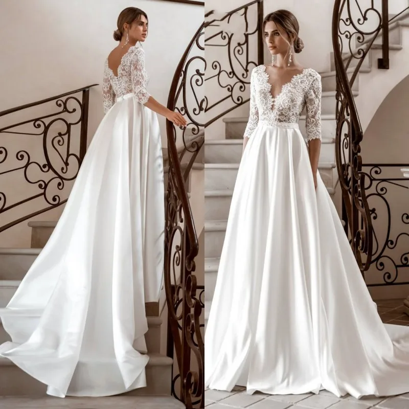 แขนยาวลูกไม้ชุดแต่งงาน V-Neck ซาติน A-Line 2020 Vestido De Novia ชุดเจ้าสาวฤดูใบไม้ร่วงใหม่ Vintage