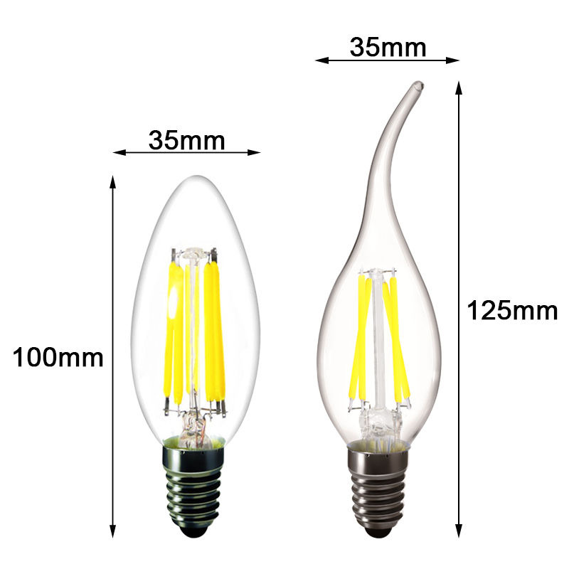 10PCS LED 필라멘트 전구 E14 E27 E12 C35 C35L 220V 110 4W 6W 따뜻한 흰색 디밍이 가능한 유리 360 학위 에디슨 레트로 촛불 라이트 Blubs