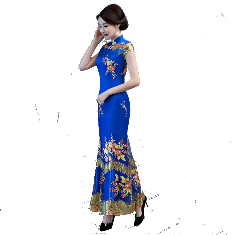 Cheongsam Split Tinggi Seksi Qipao Wanita Satin Gaun Pesta Malam Vestidos Kerah Mandarin Floral China Ukuran Plus 3XL-5XL