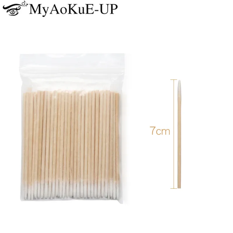 300 ชิ้นทิ้งขนาดเล็กผ้าฝ้าย Swab Lint ฟรี Micro แปรงไม้ Cotton Buds Swabs Eyelash Extension กาวถอดเครื่องมือ