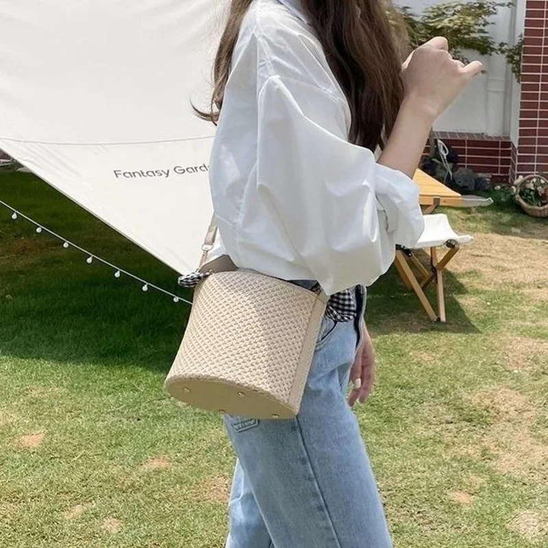 Geweven Tassen Vrouwen Boog Plaid String Cross-body Single-schouder Zomer Retro Stijlvolle Top-handvat Stro Emmer tas Ulzzang Picknick Ins