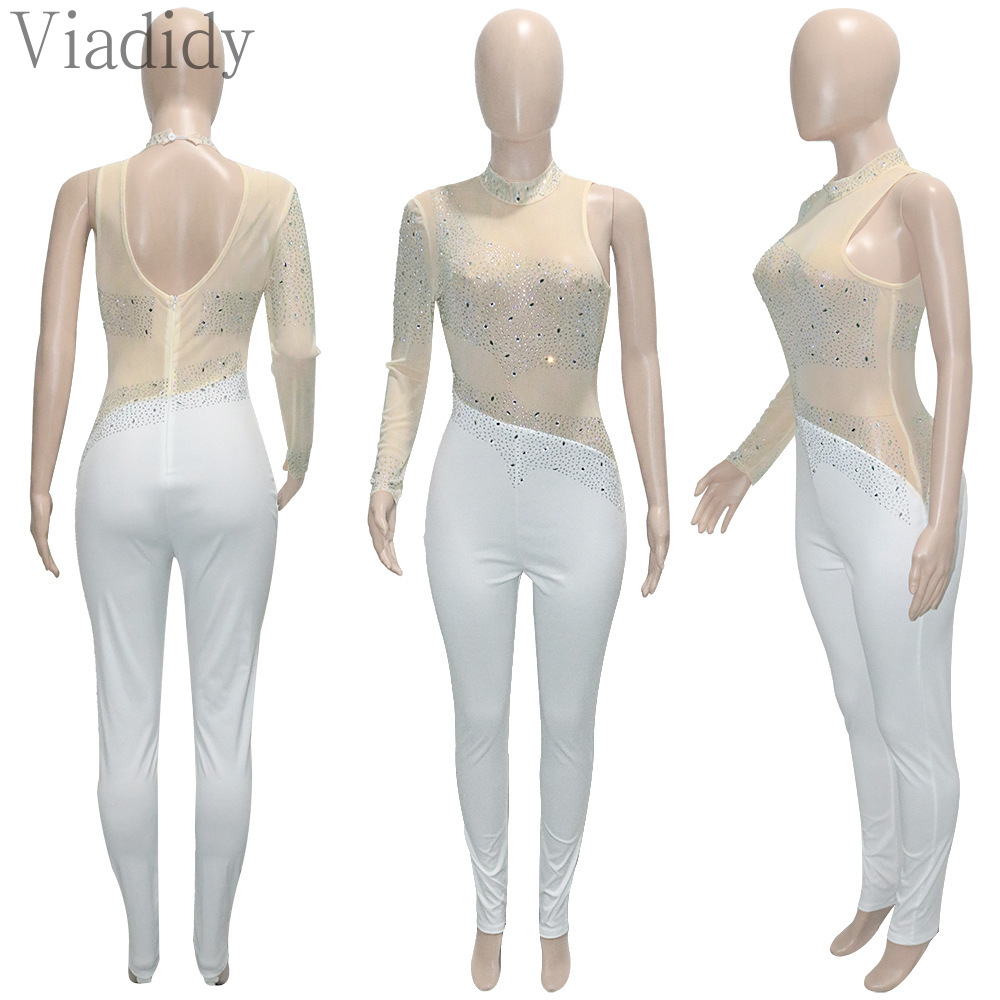 Mulheres sexy um ombro strass pura malha retalhos macacão magro