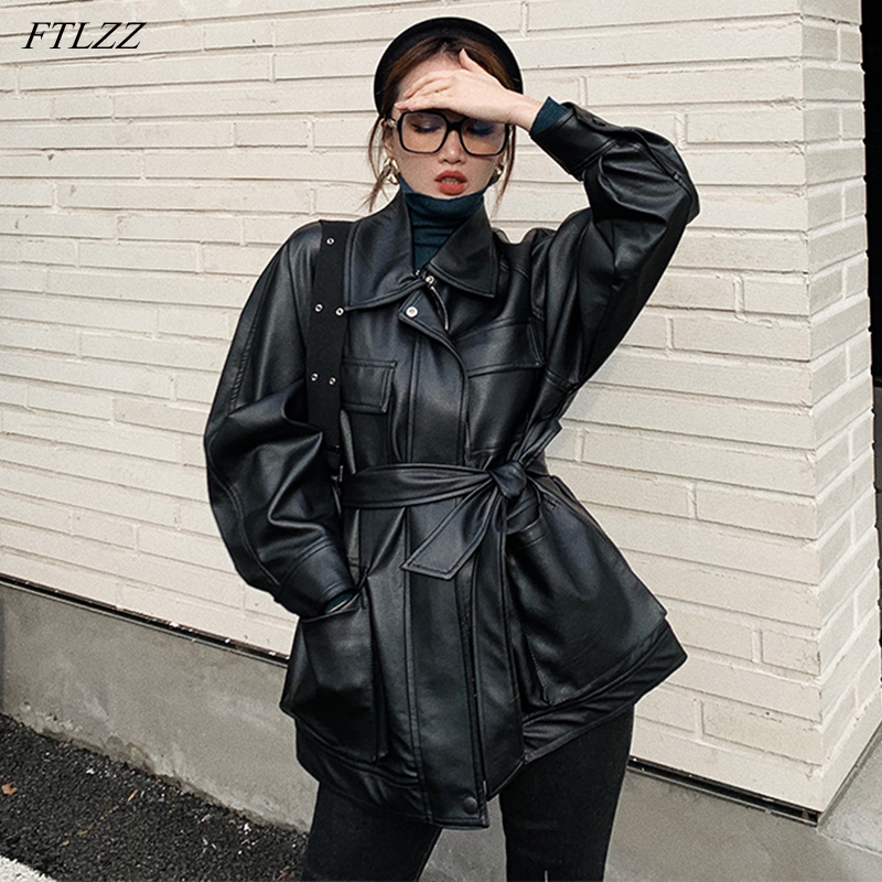 FTLZZ kobiety Faux miękka kurtka ze skóry sztucznej Vintage skręcić w dół kołnierz kieszenie guziki płaszcz z suwakiem motocykl Punk średniej długości kurtka