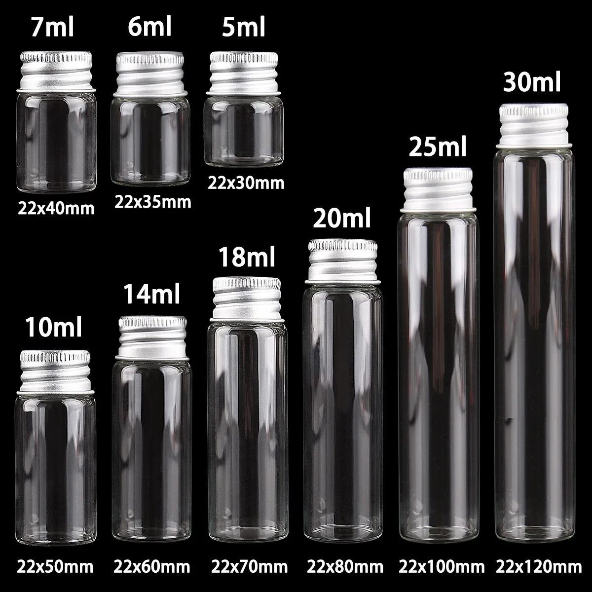10 Món 5Ml/6Ml/7Ml/10Ml/14Ml/18Ml/20Ml/25Ml/30Ml Chai Thủy Tinh Với Nhôm Nắp Đậy Nhỏ Mini Lọ Thủy Tinh 9 Kích Thước U-Đựng