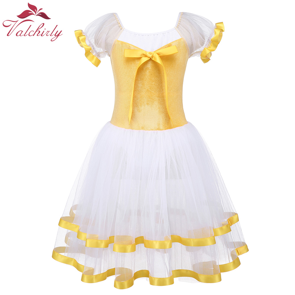 Gelbes Ballett-Tanz-Tutu-Trikot für Mädchen, Tanzkleidung, Kostüm, Band, langer Tüllrock, Ballerina-Fee-Party-Kostüme