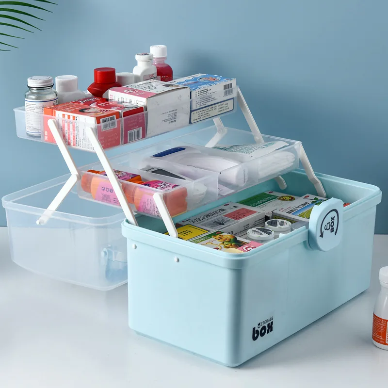 Kit de primeros auxilios portátil de 3/2 capas, caja de almacenamiento de plástico, Kit de emergencia familiar multifuncional con asa, GK99