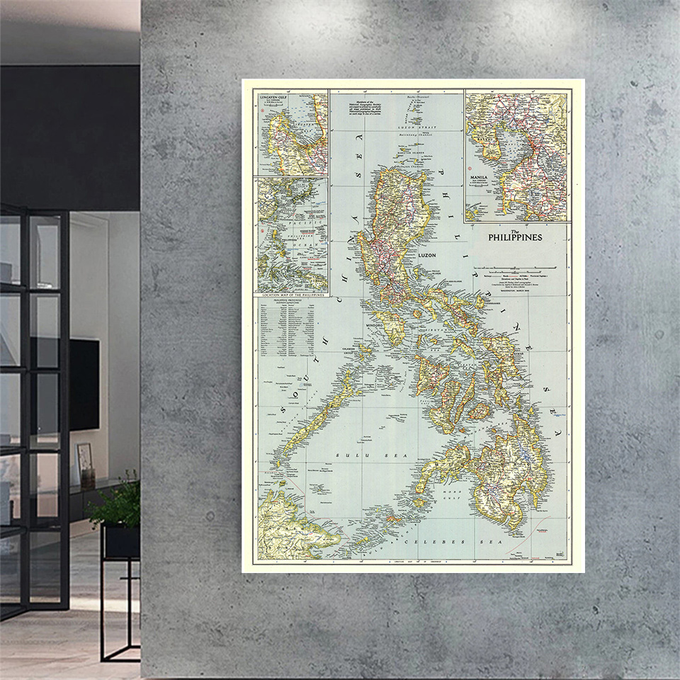 100*150cm 1945 Vintage Map Philippines Detailed Poster Retro Canvas Painting Wall Decor Office Home Decoration School Supplies