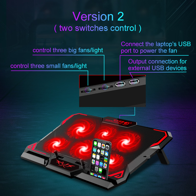 COOLCOLD 17 นิ้วแล็ปท็อป Cooler หกพัดลมหน้าจอ LED สองพอร์ต USB 2600RPM แล็ปท็อป Cooling Pad โน้ตบุ๊คสําหรับแล็ปท็อป