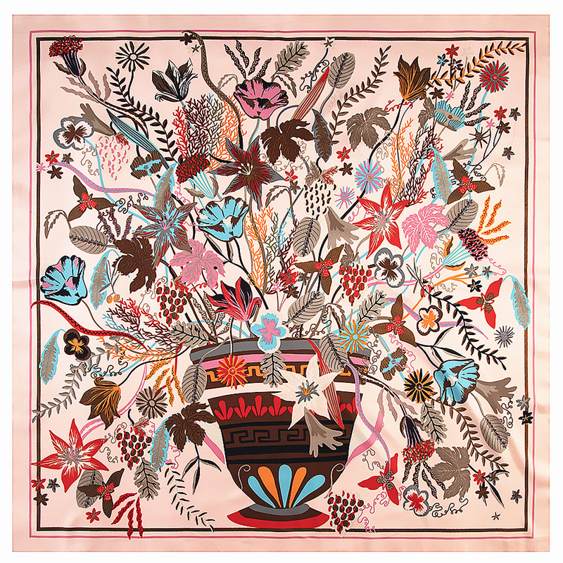 シルクヒジャーブシャワールスカーフ,100% ツイルスカーフ,カラースケッチ,植物,フラワーポット,130cm,正方形,プリントカチ,バンダナ,新ブランド