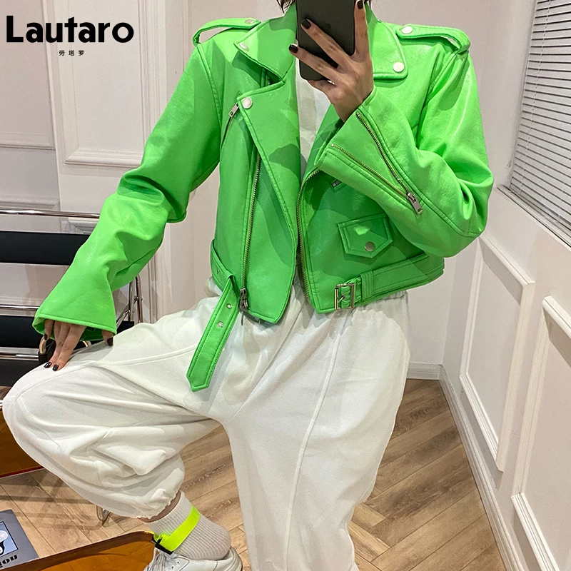 Lautaro-Chaqueta corta de cuero de motociclista verde Gecko para mujer, manga larga, cinturón con cremallera, ropa de abrigo elegante de colores, moda Y2K, 2024
