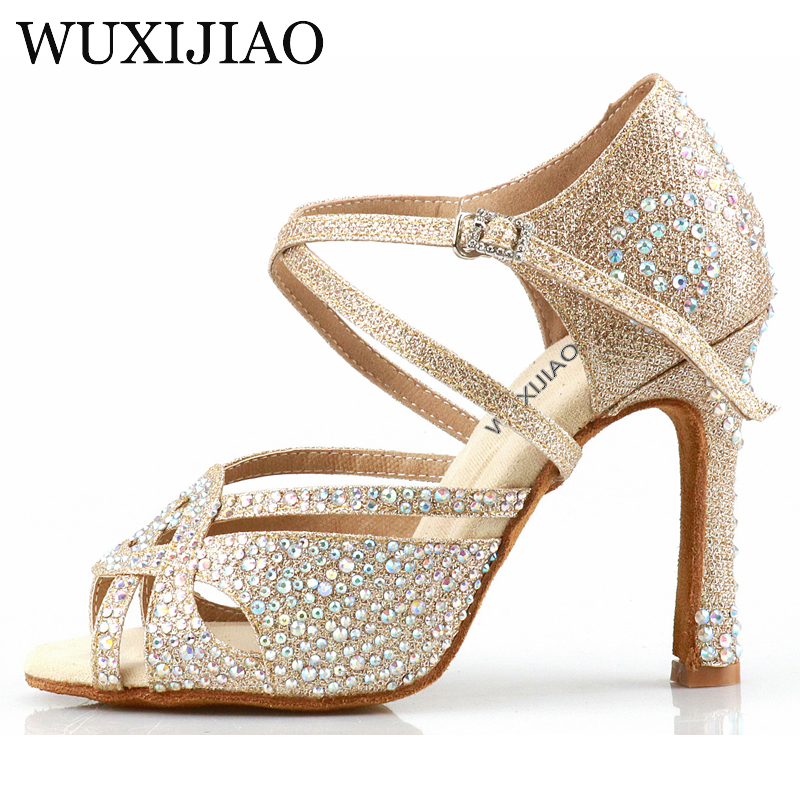 WUXIJIAO holesale women's golden latin dance shoes new style dance shoes unique design salsa shoes diamond sandals