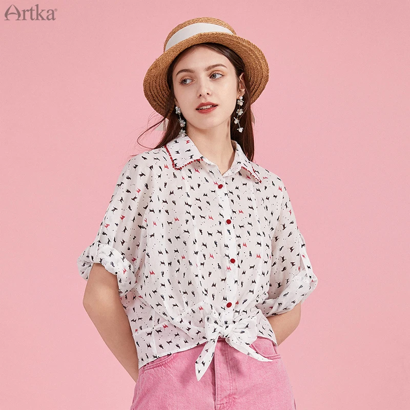ARTKA 여성용 빈티지 프린트 블라우스, 화이트 쉬폰 셔츠, 캐주얼 루즈 레이스업 긴팔 셔츠, 2020 봄 여름 신상, SA20609C
