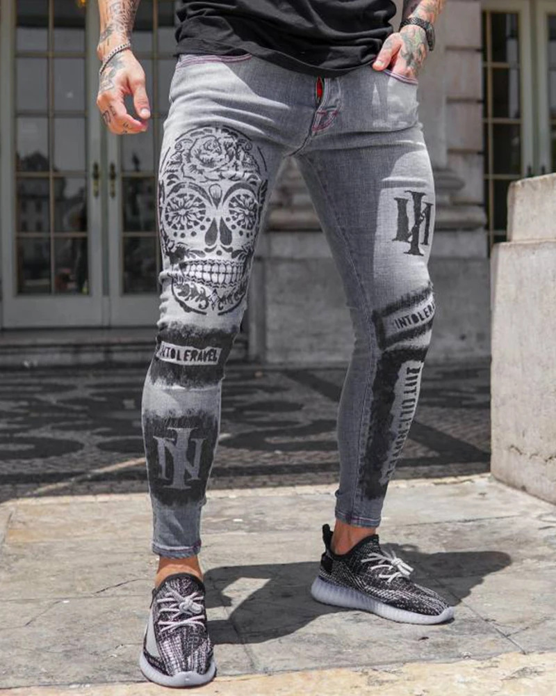 Pantalones vaqueros elásticos a la moda para hombre, pantalones informales, pantalones vaqueros grises ajustados con estampado, pantalones vaqueros estampados a la moda para hombre, pantalones pitillo para hombre