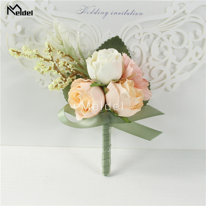 멜델 손목 코사지 웨딩 남자 Boutonniere 소녀 팔찌 신랑 핀 신부 들러리 손목 코사지 꽃 실크 레드 로즈 Boutonniere
