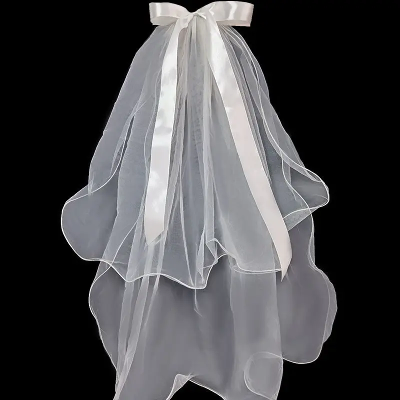ภาพจริงเจ้าสาวพรหม Veils กับโบว์ Vestido De Noiva Longo ผ้าคลุมหน้างานแต่งงานงาช้างสีขาว Veil ฟรีหวี