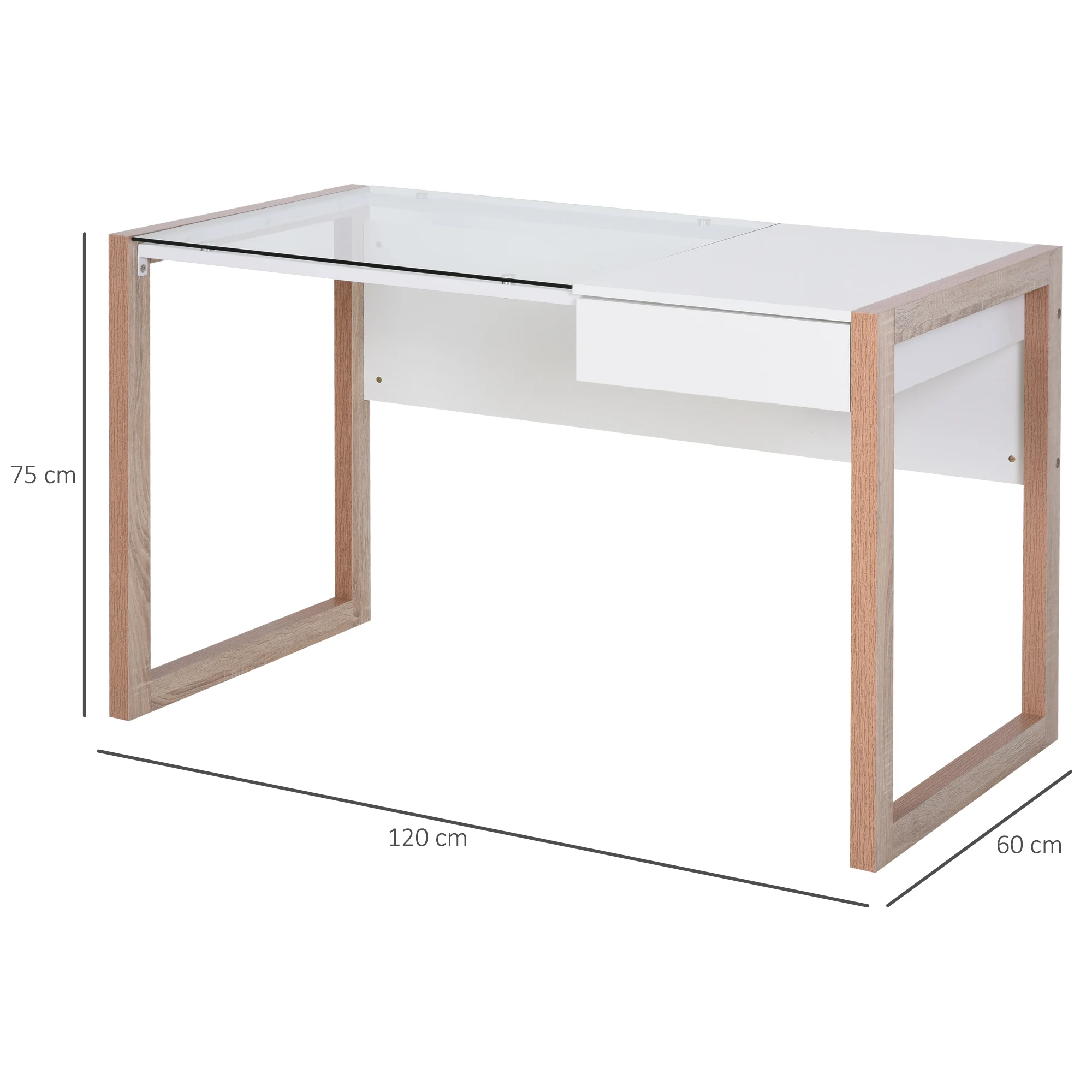 HOMCOM modern computer table top cassetto in vetro temperato 120x60x75cm bianco