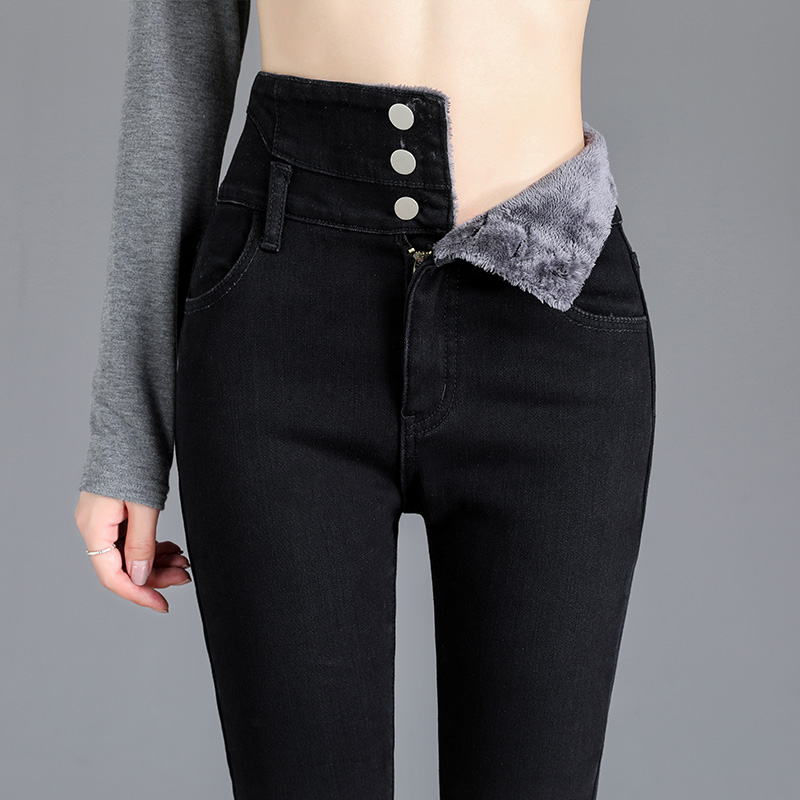 Thermische winter dikke fleece hoge taille warme skinny jeans dikke dames stretch knop potloodbroek moeder casual fluwelen jeans