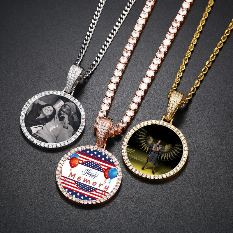 รอบ Medallions Custom Photo จี้สร้อยคอ Men Hip Hop เครื่องประดับส่วนบุคคล Custom ชื่อแกะสลักจี้ Zircon โซ่ของขวัญ