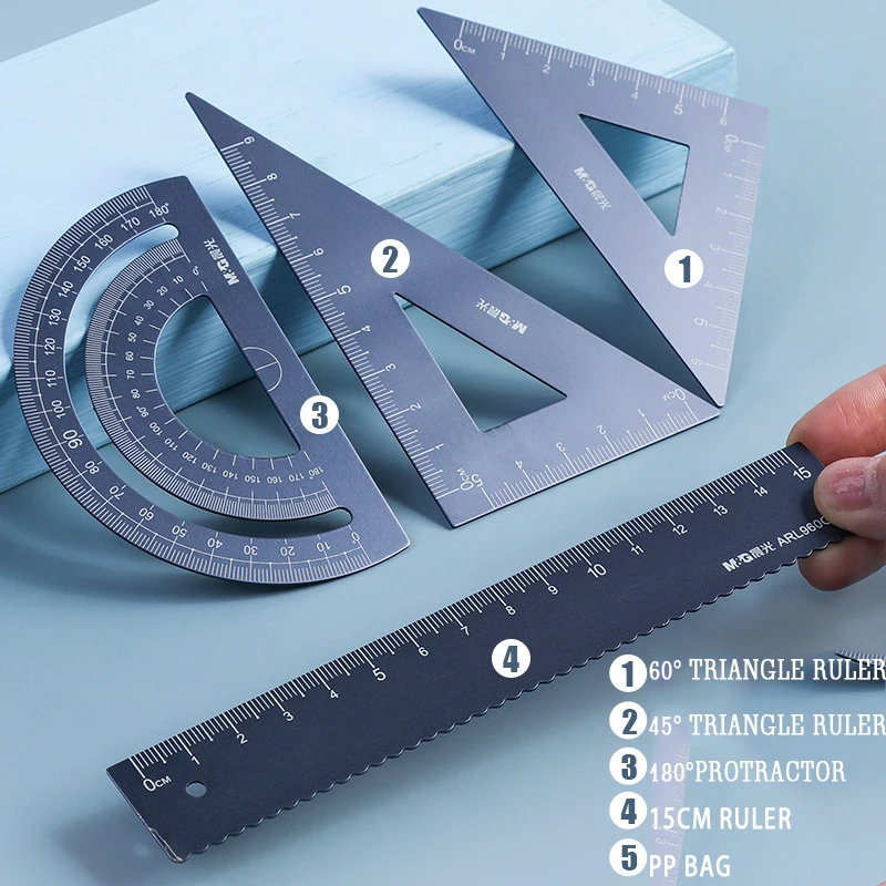 M&G Aluminium Ruler Set Metal/Plastic/Soft Geometry Maths Drawing Compass Stationery Rulers Mathematical for School