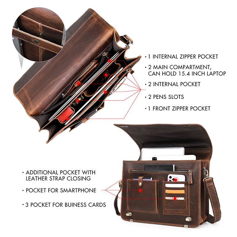 Contact's bolsa de ombro com alça cavalo crazy horse bolsa tiracolo de couro de marca de luxo bolsa tote de mão masculina com 15.6 polegadas