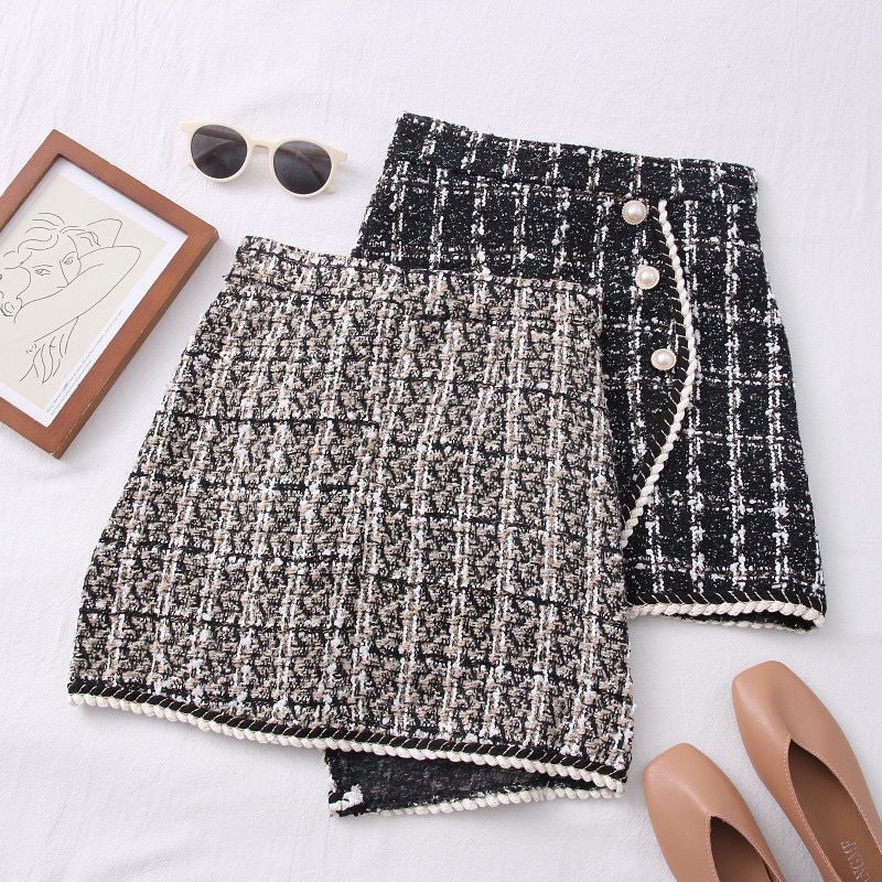 Tweed-Röcke für Frauen, solide, hohe Taille, schlankmachende Röcke, Herbst, Frühling 2021, Knöpfe, zweireihiger Tweed-Woll-Minirock