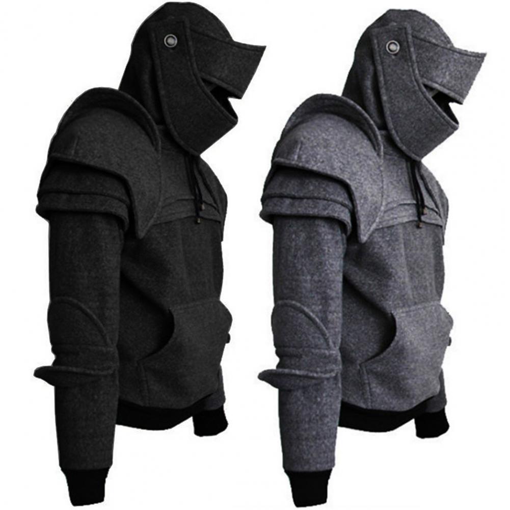 Sudadera para hombre, jersey con bolsillo frontal de Color sólido, Sudadera con capucha de estilo Medieval, cubierta para la cara, sudadera de caballero con capucha, ropa de Halloween